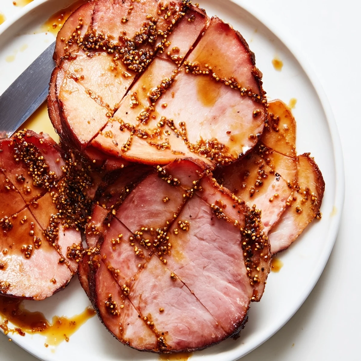 A close-up view of a glazed Brown Sugar Mustard Glazed Ham, glistening with a caramelized sauce and studded with cloves.