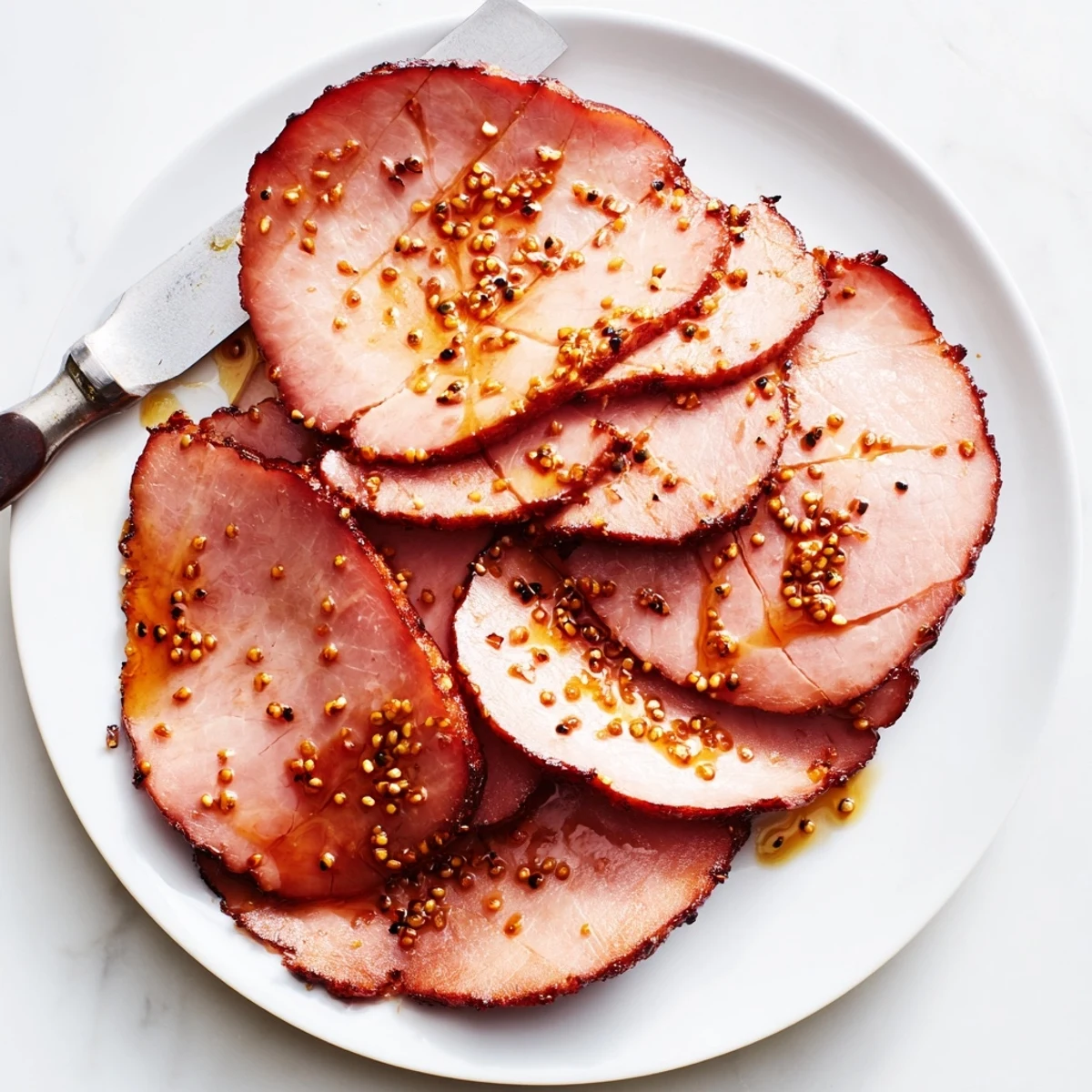 A juicy slice of Brown Sugar Mustard Glazed Ham showcases the tender meat and sweet tangy glaze on a plate.