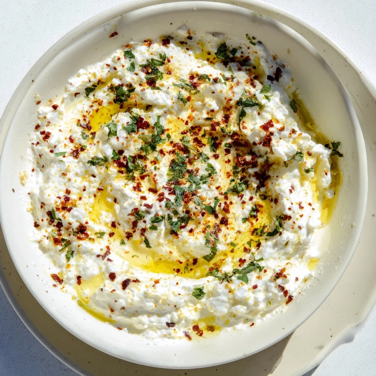 A close-up of creamy Tyrokafteri dip garnished with fresh parsley and red pepper flakes on a rustic plate.
