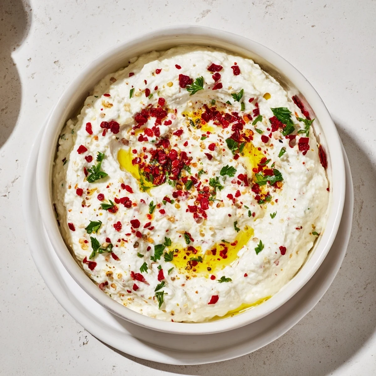 Rich and zesty Tyrokafteri dip with olive oil drizzle, served as part of a colorful Mediterranean mezze platter.