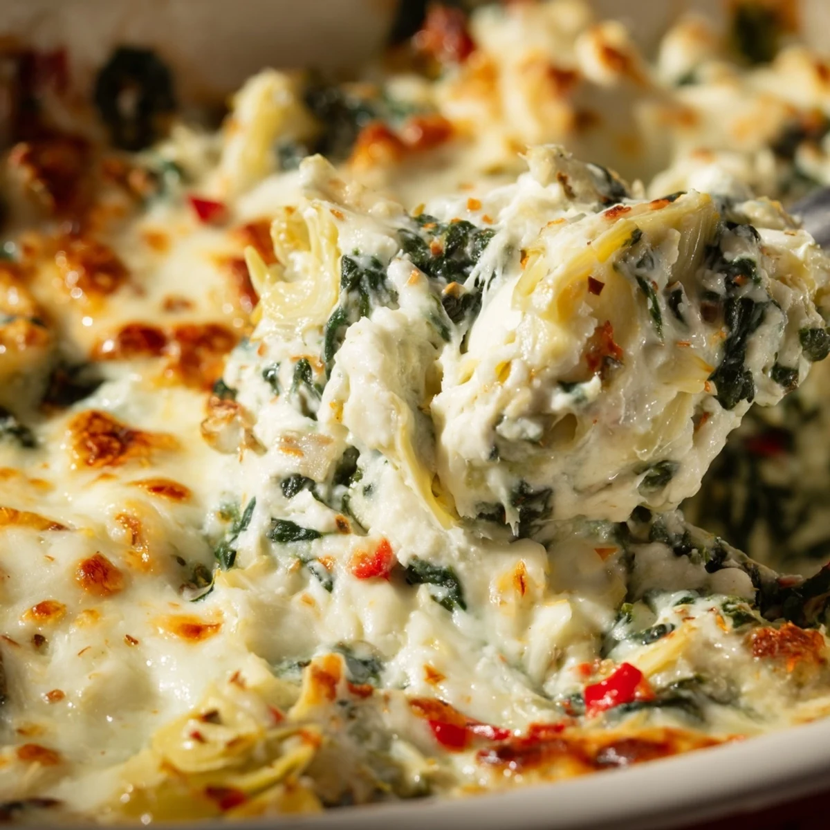 Warm, bubbly Spinach Artichoke Dip Ultimate Recipe in a baking dish, ready to serve with crunchy tortilla chips.