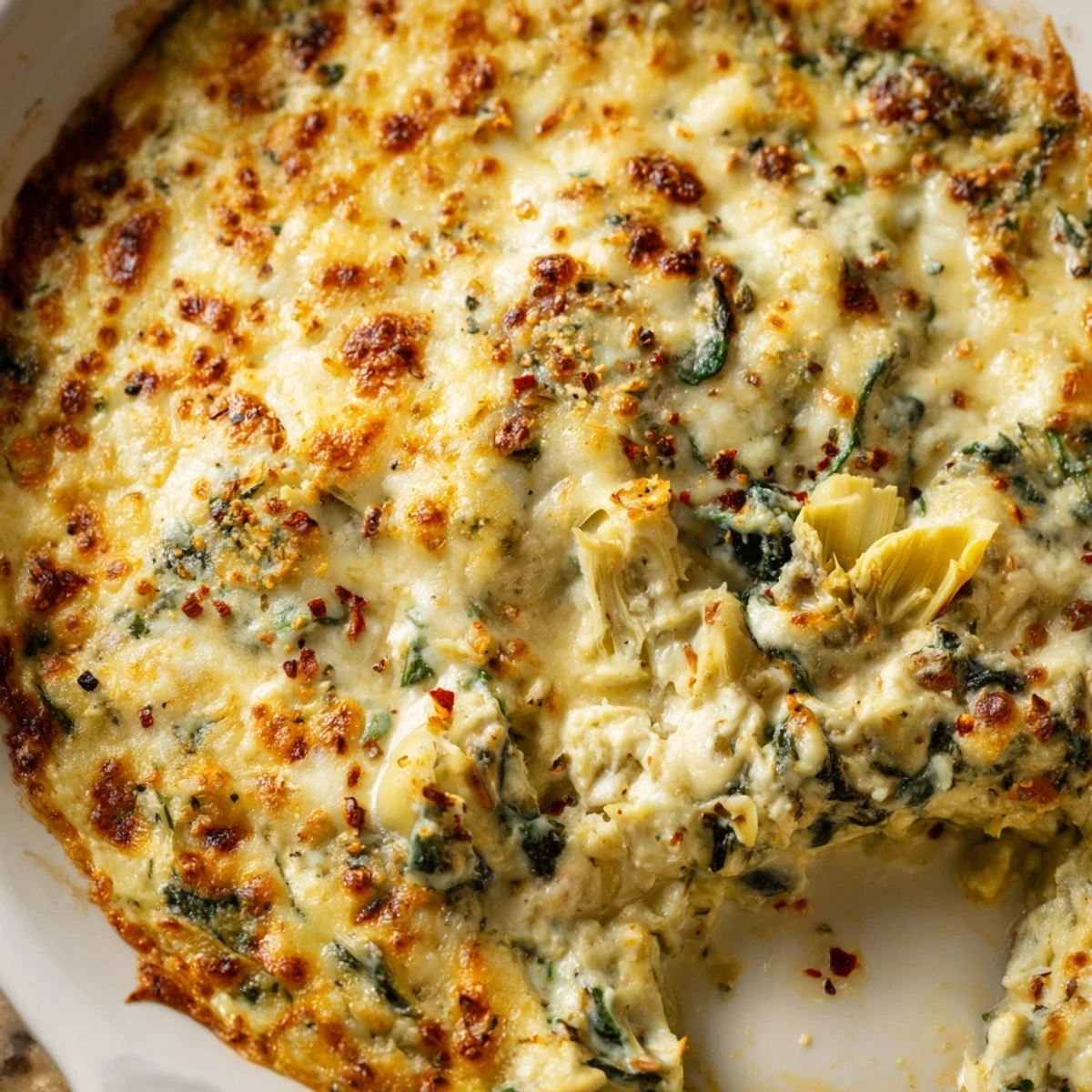 Homemade Spinach Artichoke Dip Ultimate Recipe with melted cheese and fresh vegetables, served with bread and chips for dipping.