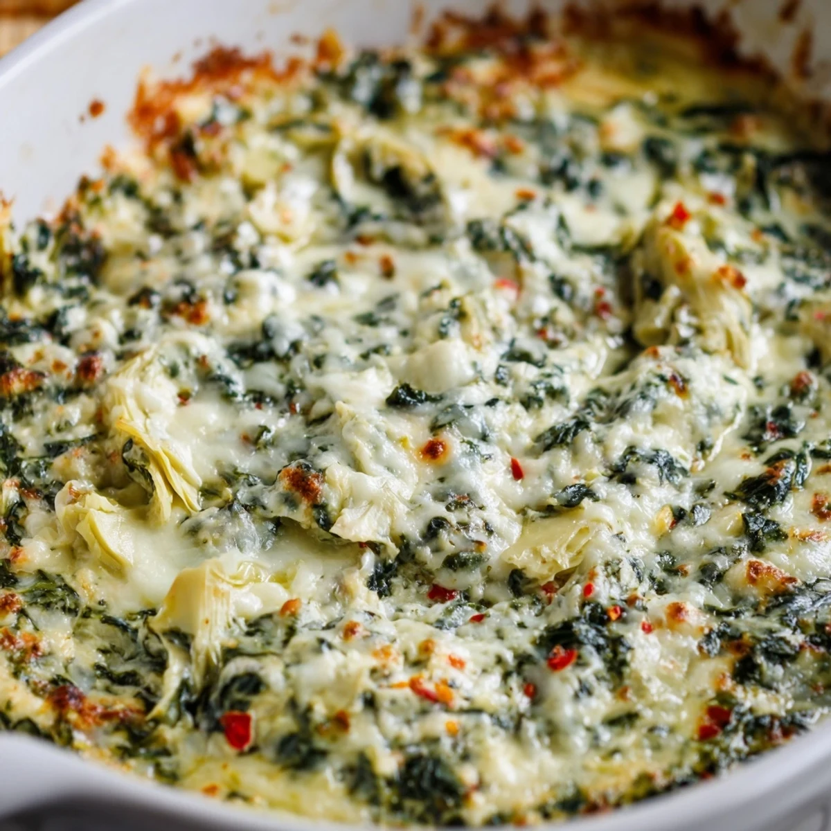 Spinach Artichoke Dip Ultimate Recipe fresh from the oven, golden and creamy with artichokes and spinach in a ceramic dish.