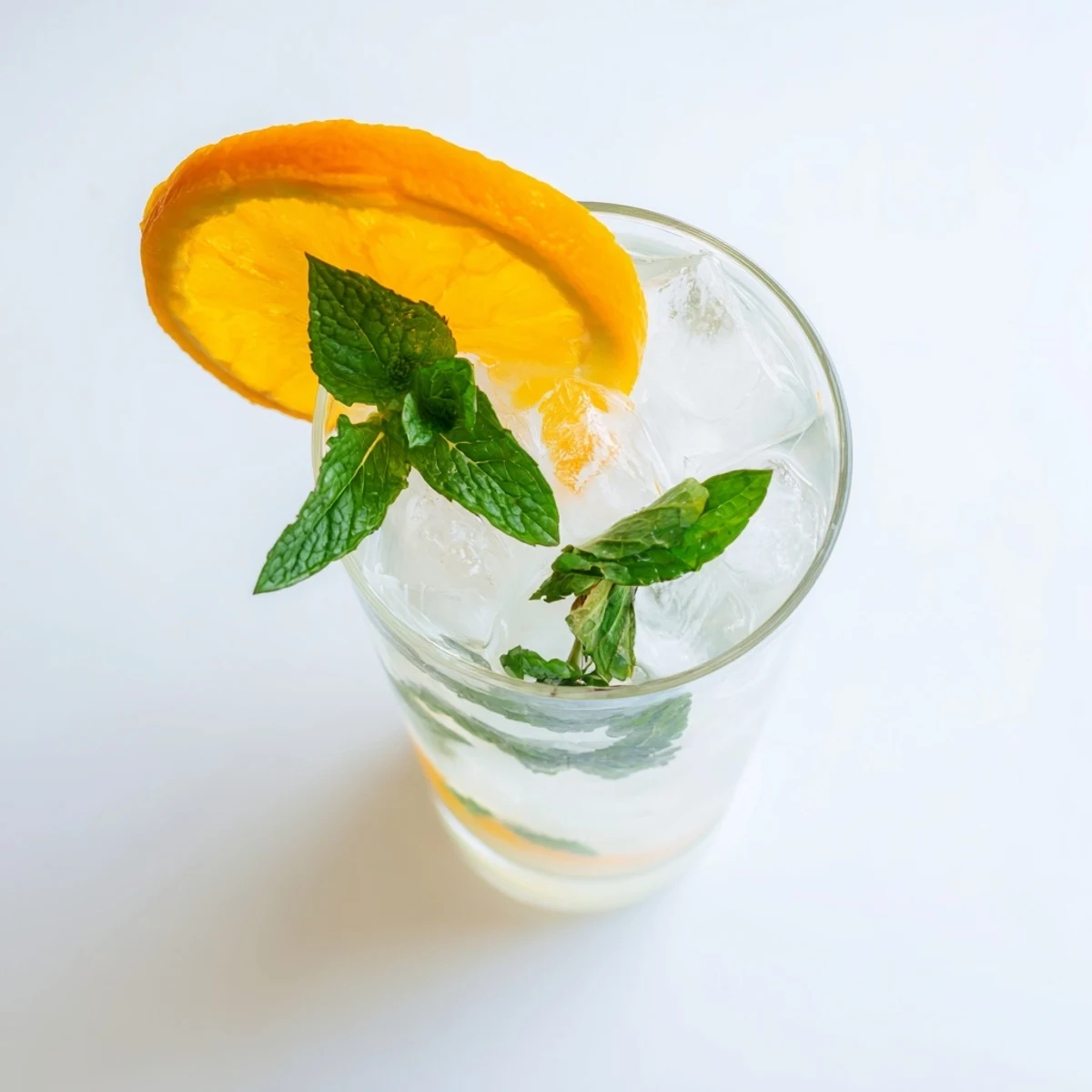Chilled glass of Refreshing Coconut Orange Glow with orange slices and mint garnish on a bright counter.