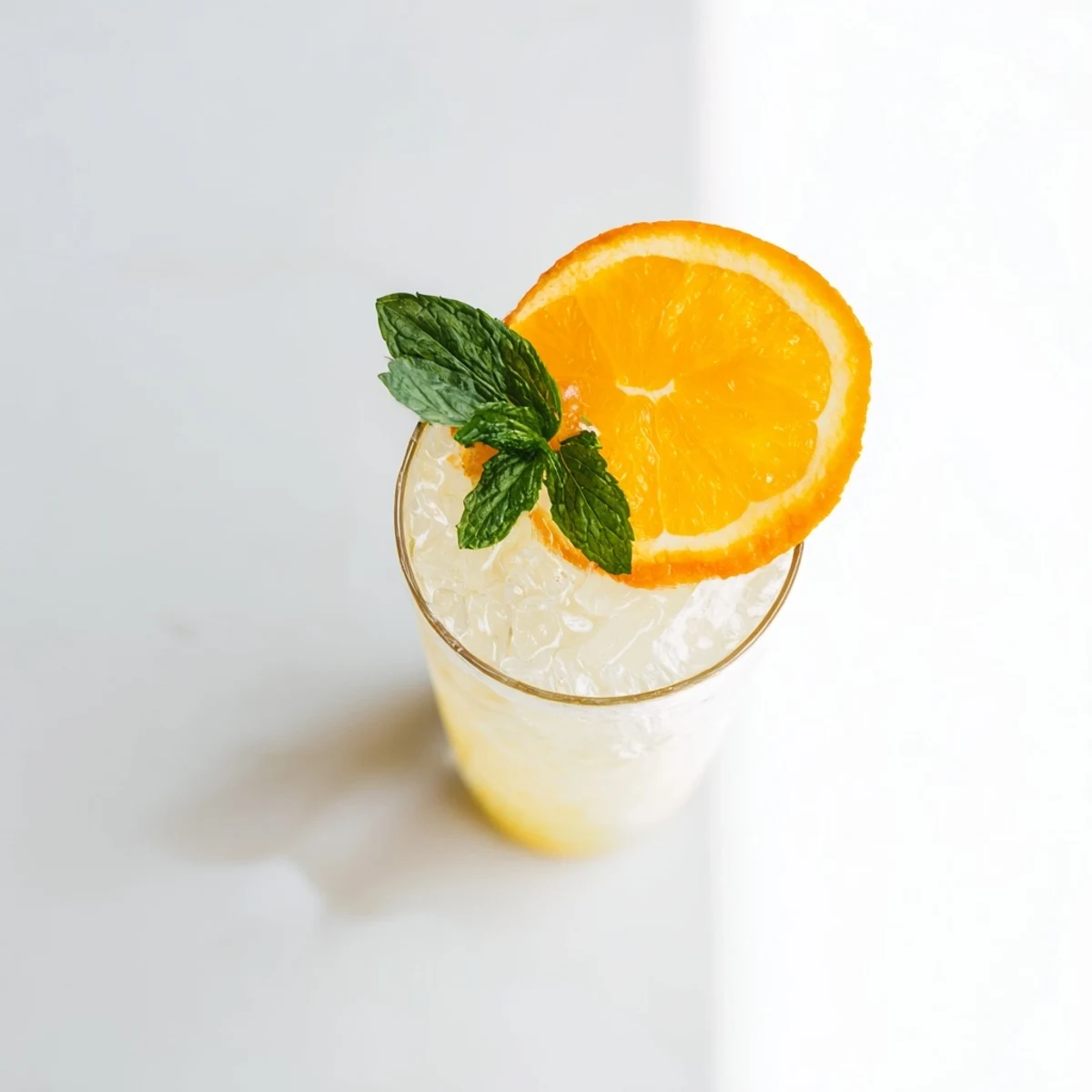 A close-up of ice cubes in Refreshing Coconut Orange Glow beverage, highlighting fresh orange and mint garnish.