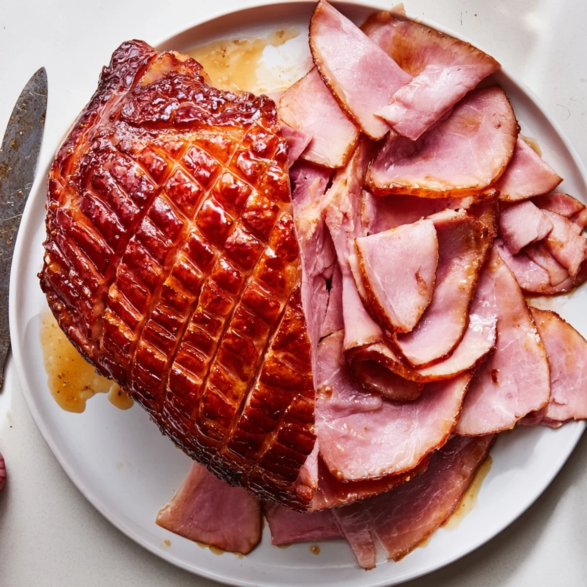 Golden-brown Baked Ham with Maple Dijon Glaze glistening in a roasting pan, ready to slice for a holiday feast.