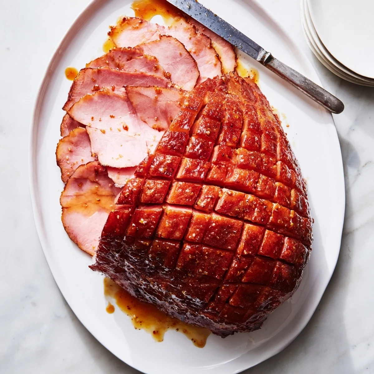 Close-up of Baked Ham with Maple Dijon Glaze showing the sticky, caramelized crust and tender, juicy meat.
