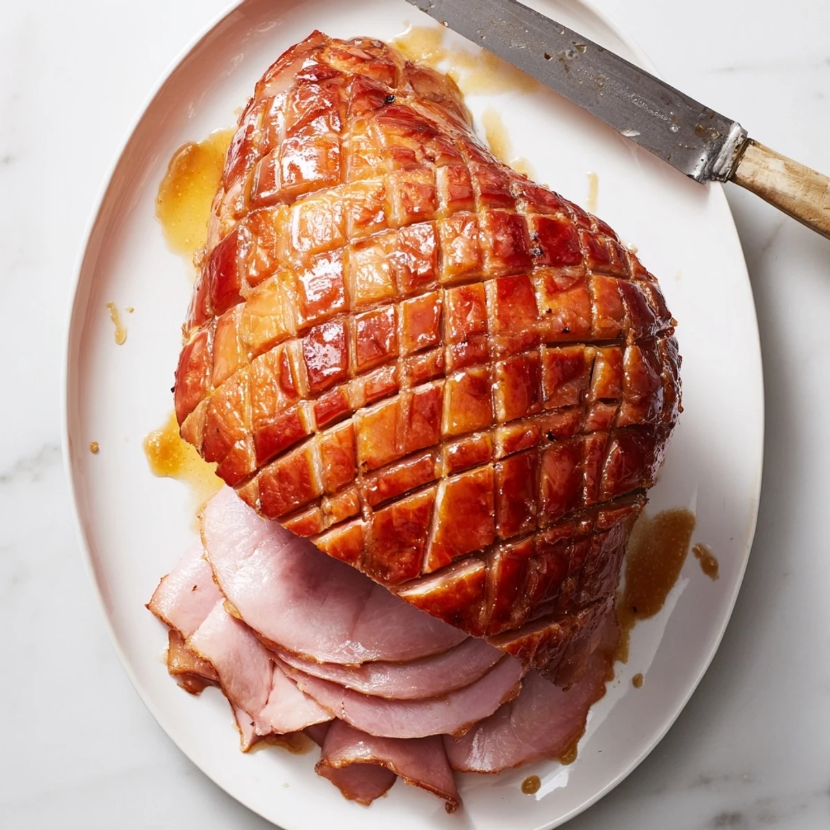 Freshly glazed Baked Ham with Maple Dijon Glaze served on a platter with herbs and roasted vegetables.