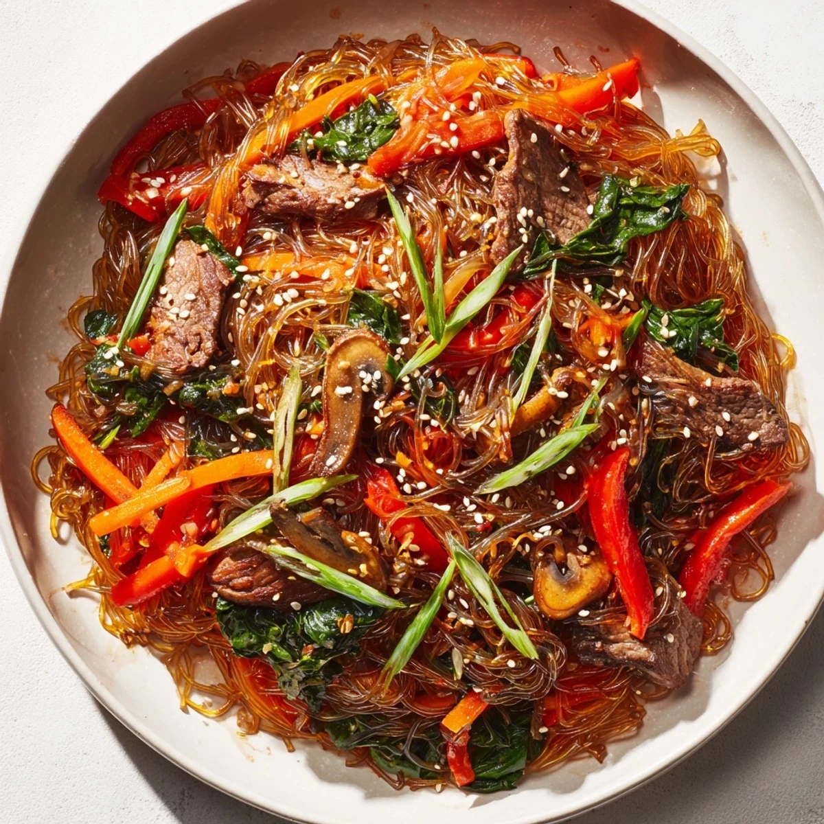 Steaming Korean Beef Noodles with tender beef, springy noodles, and vibrant vegetables in a savory, mildly spicy sauce.