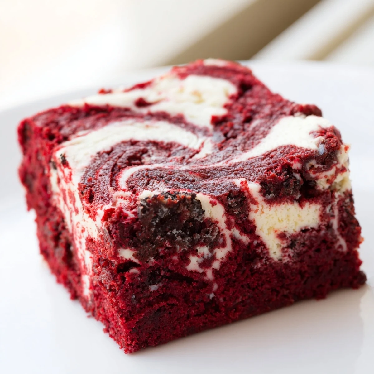 A close-up shot shows Red Velvet Cheesecake Brownies cut into squares with a vibrant red swirl and creamy white filling.