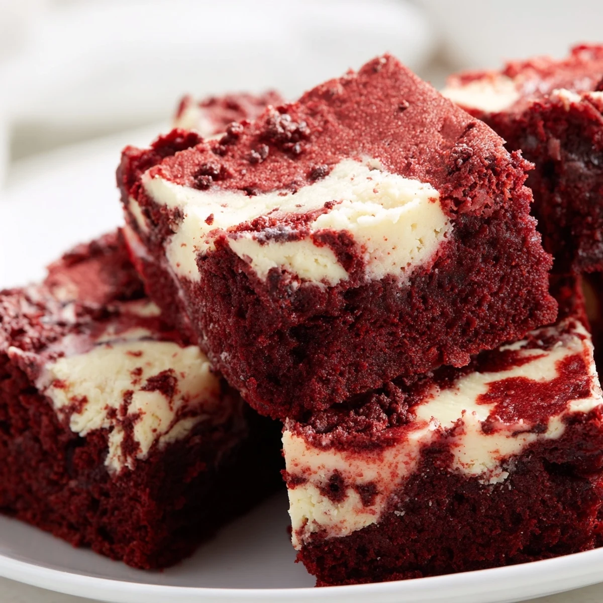 Freshly baked Red Velvet Cheesecake Brownies are plated on a rustic wooden table, ready to be served.
