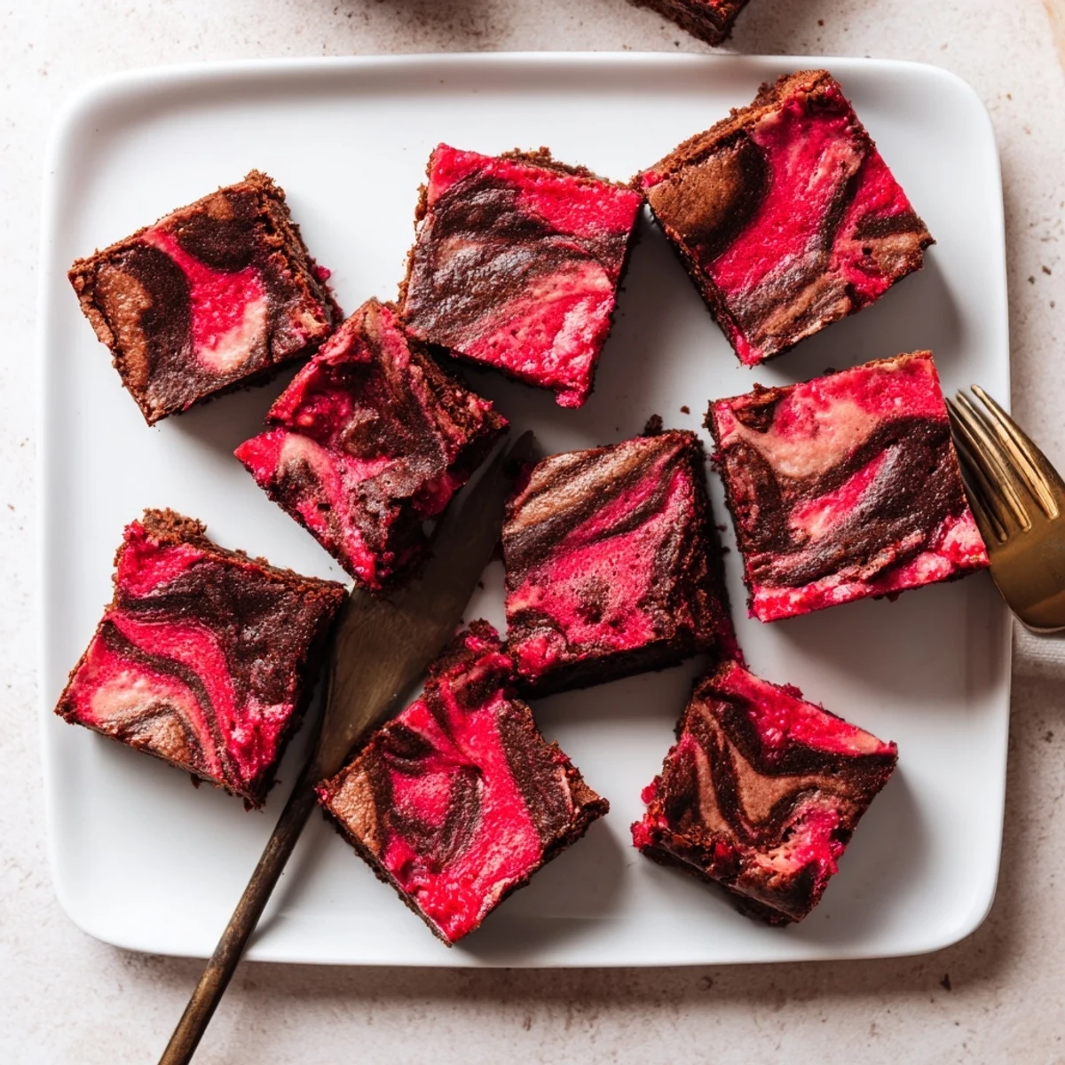 A close view of freshly cut Raspberry Swirl Brownies squares served on a white plate with fresh berries.