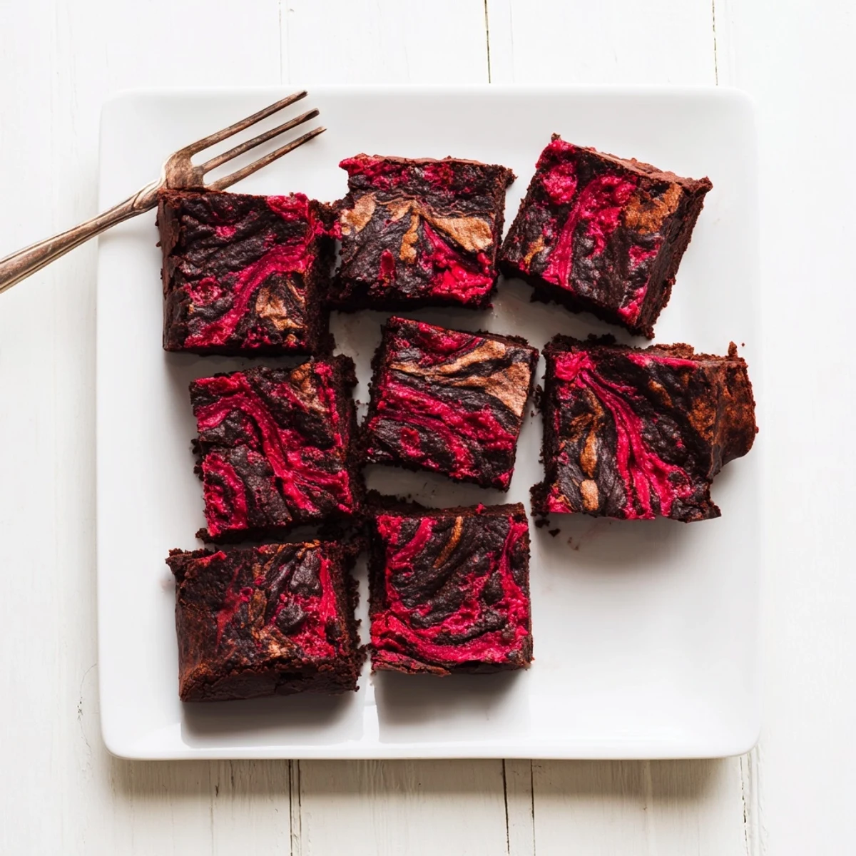Ooey-gooey Raspberry Swirl Brownies on parchment paper showing a moist, tender crumb and tangy raspberry puree swirls.
