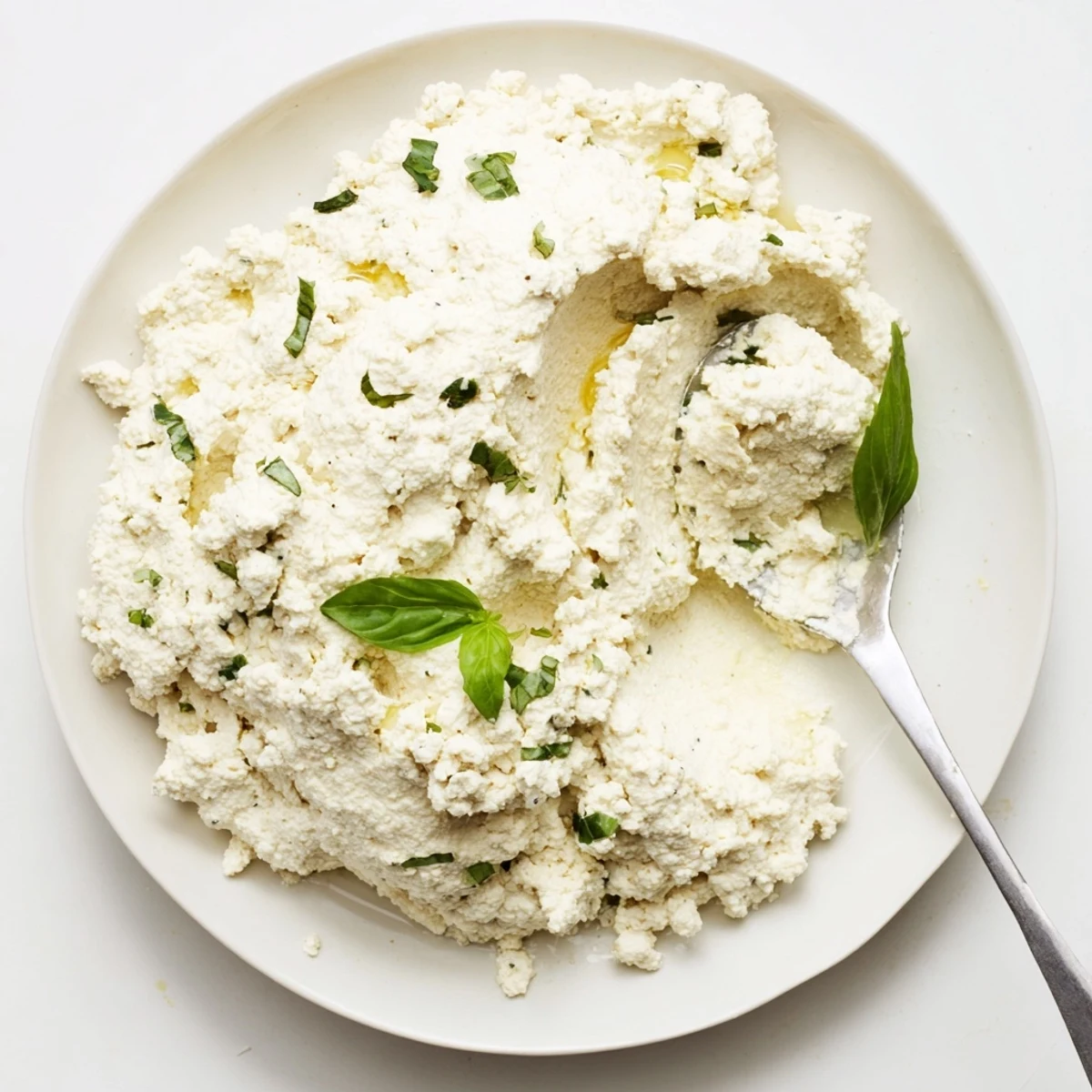 Close-up texture of Tofu Ricotta showing a smooth, crumbly consistency, perfect for stuffing shells or spreading on crusty bread.
