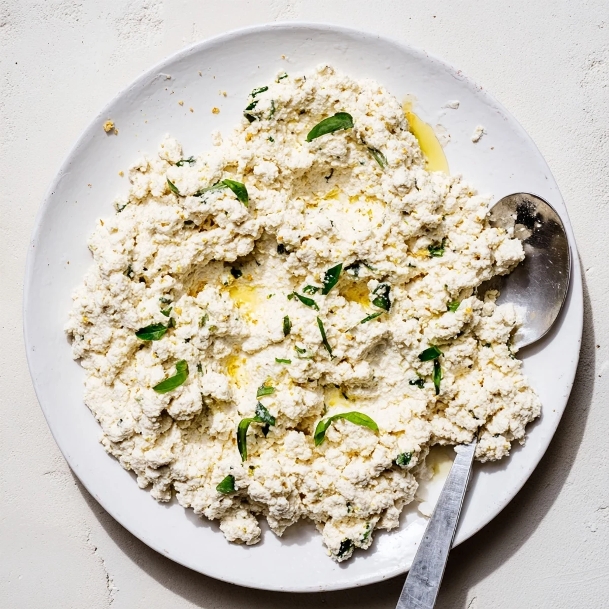 Fresh, creamy Tofu Ricotta in a white bowl, garnished with basil and a drizzle of olive oil for a vegan Italian-inspired dish.