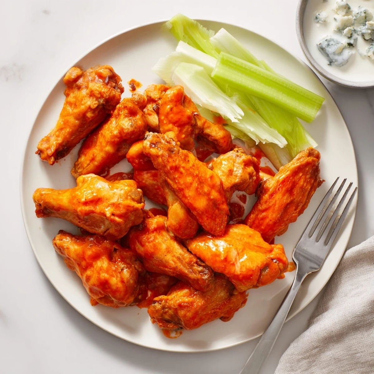 Golden crispy smoked buffalo wings rest on a platter with fresh celery sticks and a side of cool blue cheese dip for a game day snack. 