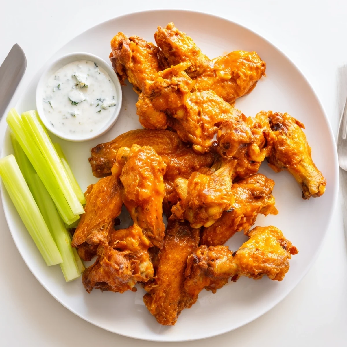 A close-up of smoked buffalo wings tossed in tangy red sauce, showing glistening skin and smoky char from the grill. 