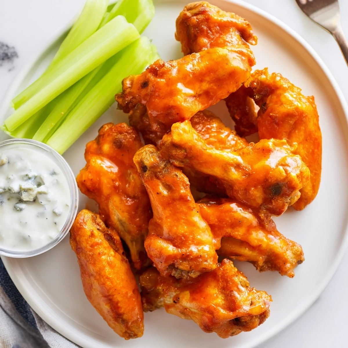 Perfectly smoked crispy buffalo wings served on a white plate with ranch dressing and celery, ideal for a party spread.