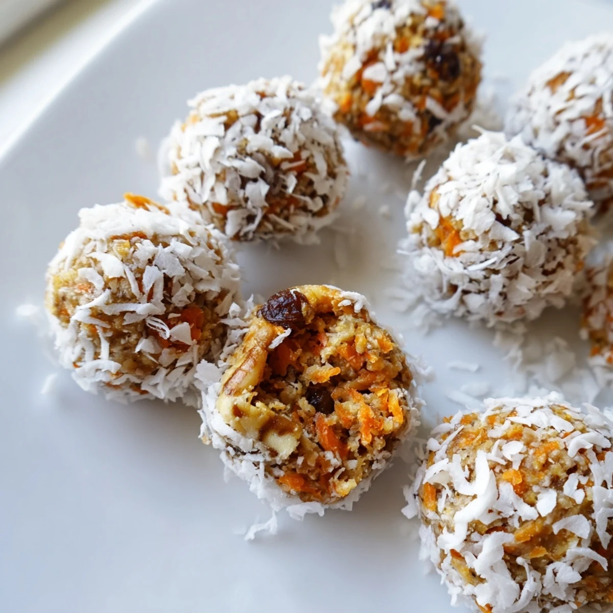 Hand-rolled no bake carrot cake bites coated in shredded coconut, ready to chill and enjoy.  