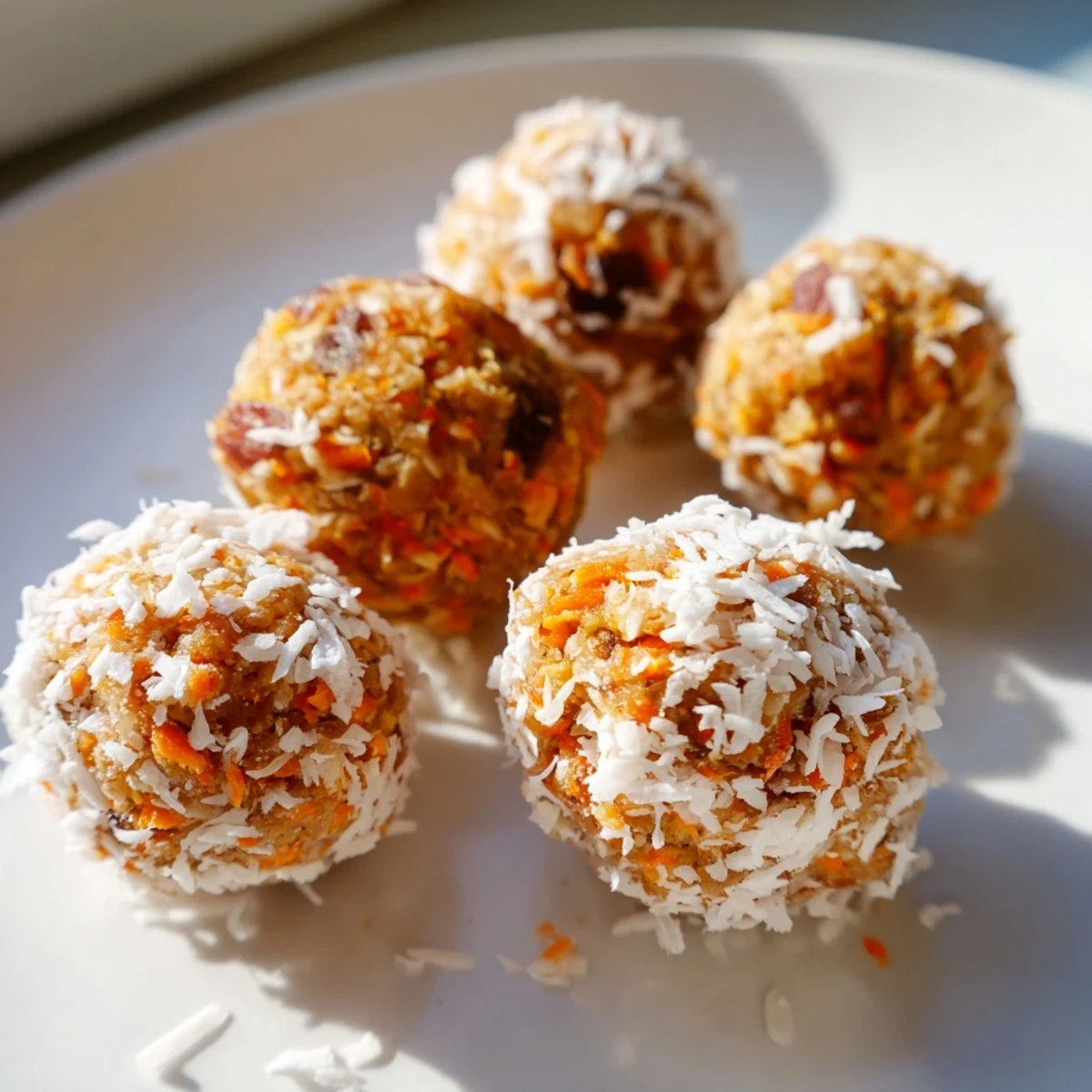 Golden no bake carrot cake bites arranged on a plate, perfect for a healthy gluten-free snack.