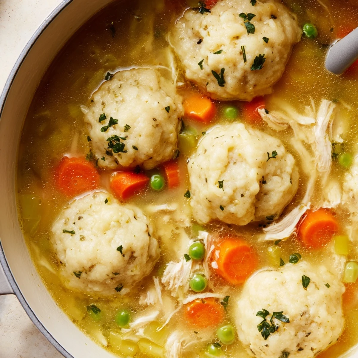 Comforting One Pot Chicken Dumpling Soup with shredded chicken, carrots, and veggies in a rich, savory broth, ready to serve.
