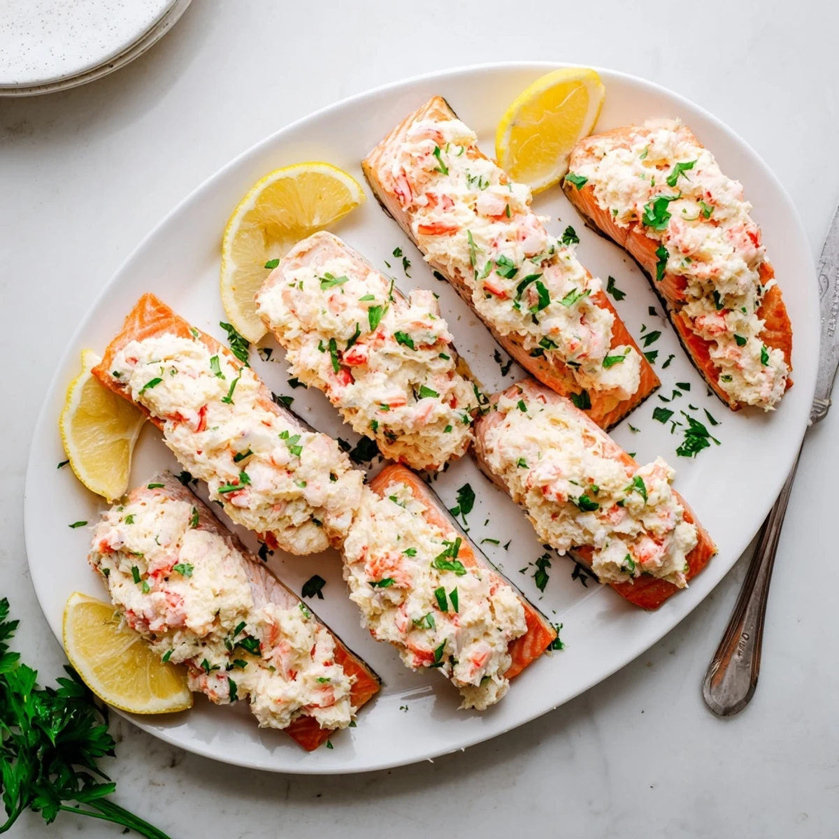 Savory Crab & Shrimp Stuffed Salmon paired with roasted asparagus and lemon wedges on a rustic wood table.
