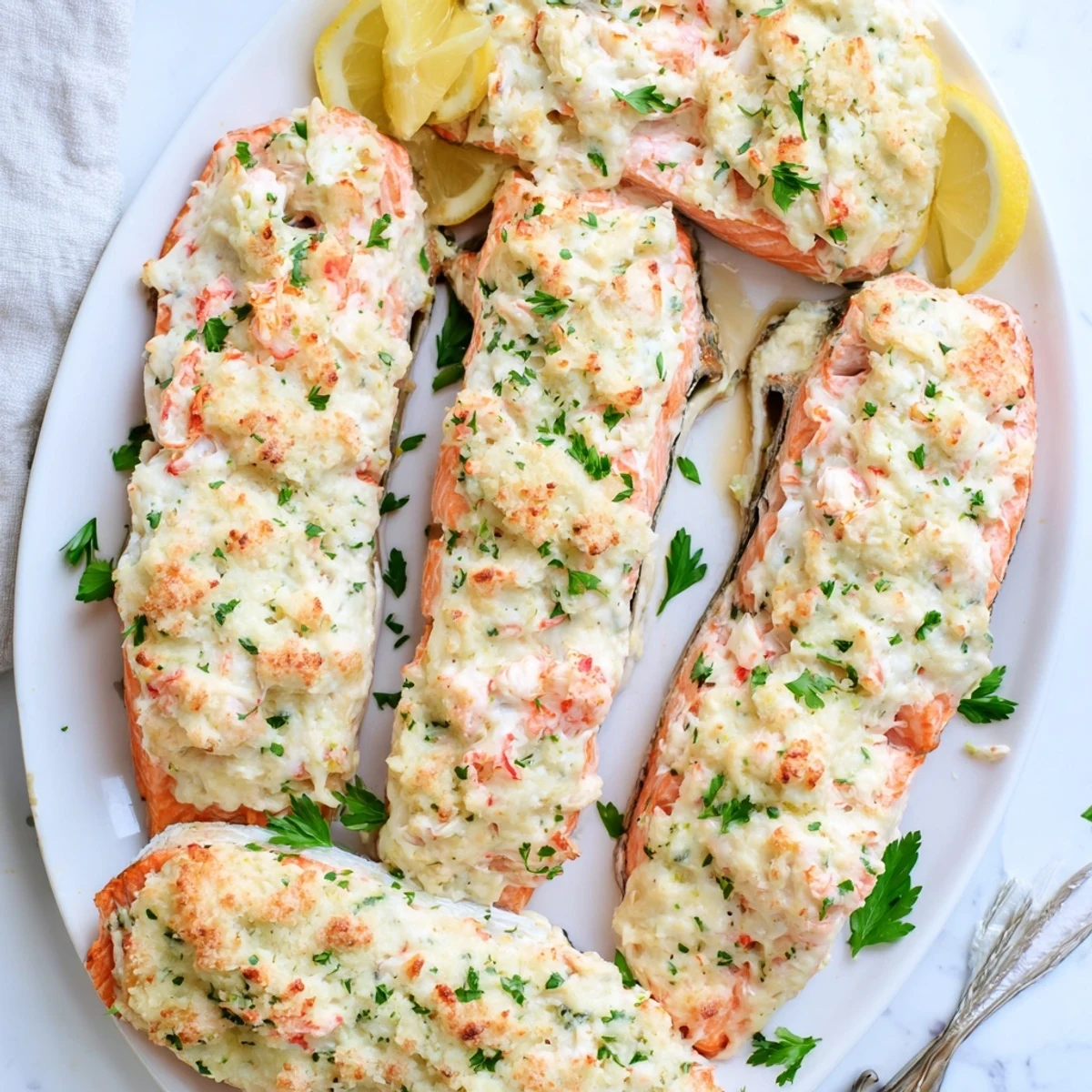 Golden-baked Crab & Shrimp Stuffed Salmon fillets topped with melted Parmesan and fresh parsley on a white plate.