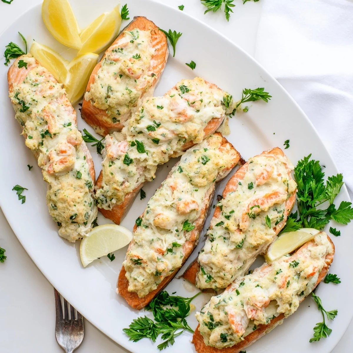 Moist Crab & Shrimp Stuffed Salmon revealing a creamy seafood filling after a flaky fork cut, served with rice pilaf.