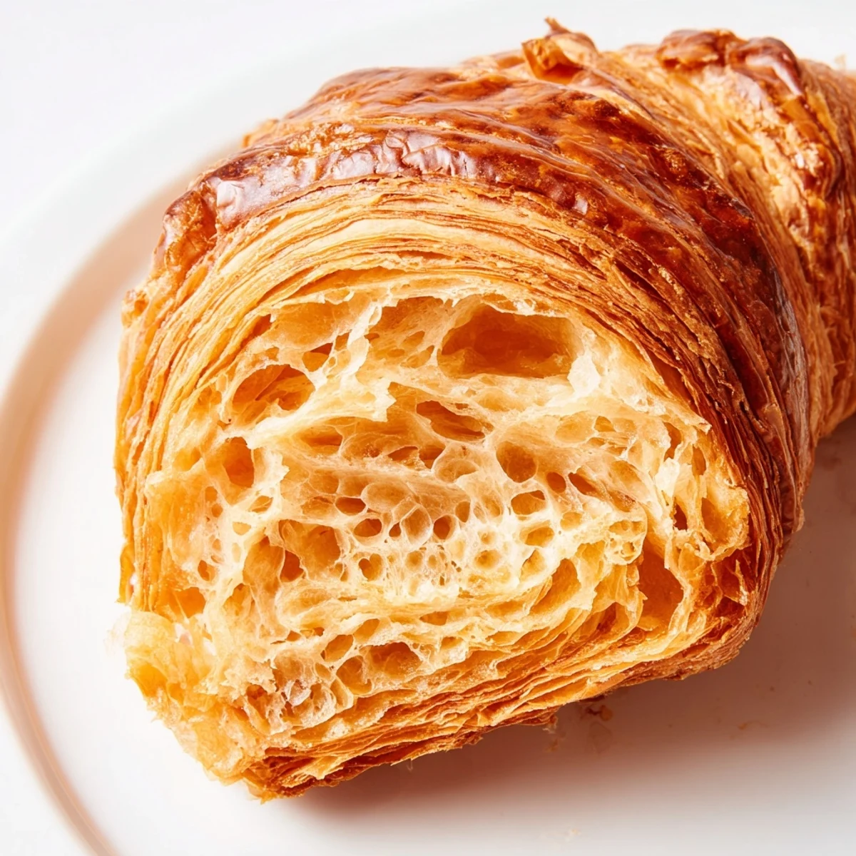 Gluten-free croissants show buttery layers with a light, airy crumb on white plate.