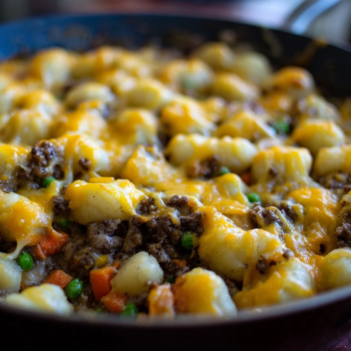 A close-up of Quick Gnocchi Shepherds Pie fresh from the oven, featuring golden melted cheese bubbling over pillowy gnocchi and a savory beef filling.