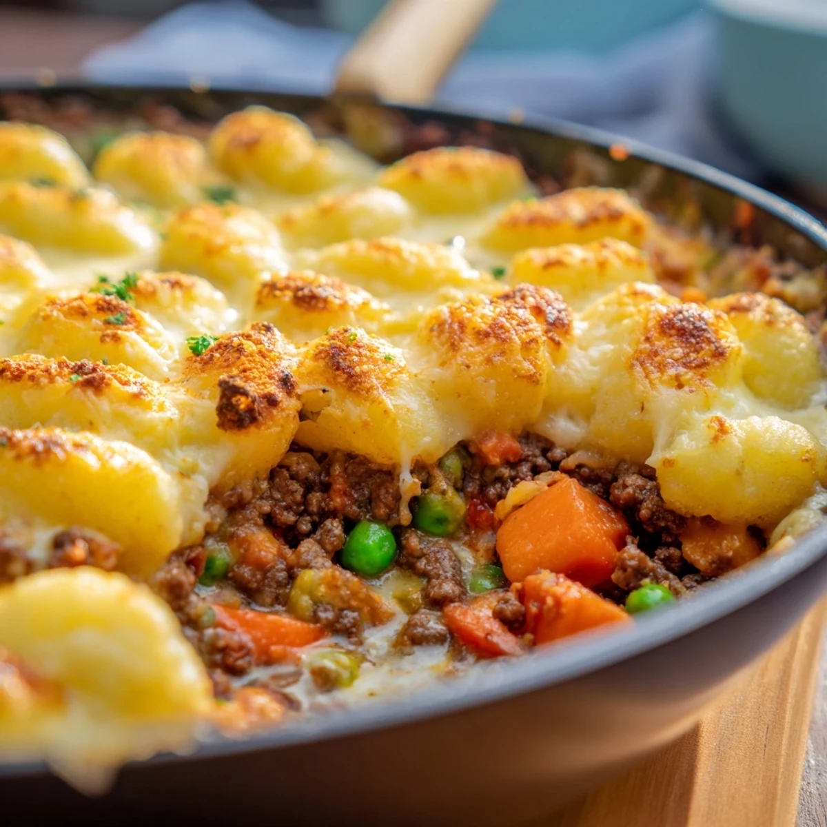 A hearty slice of Quick Gnocchi Shepherds Pie plated on a white dish, revealing layers of tender gnocchi, peas, carrots, and rich meat sauce.