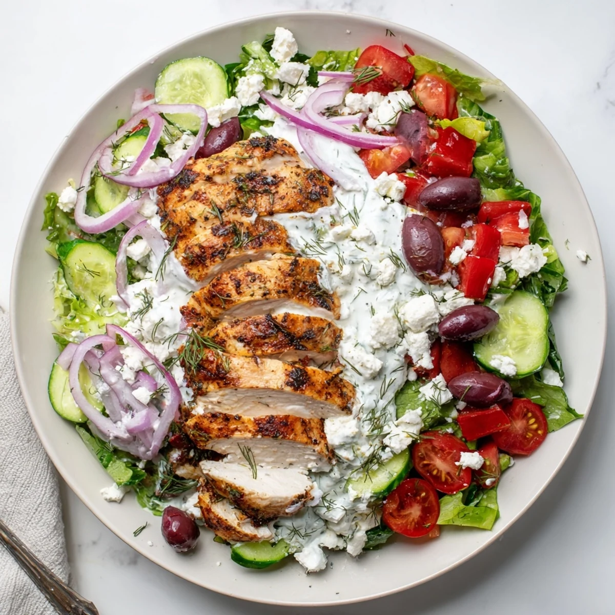 Sliced grilled chicken on mixed greens with cucumbers, tomatoes, olives, and creamy homemade tzatziki dressing.