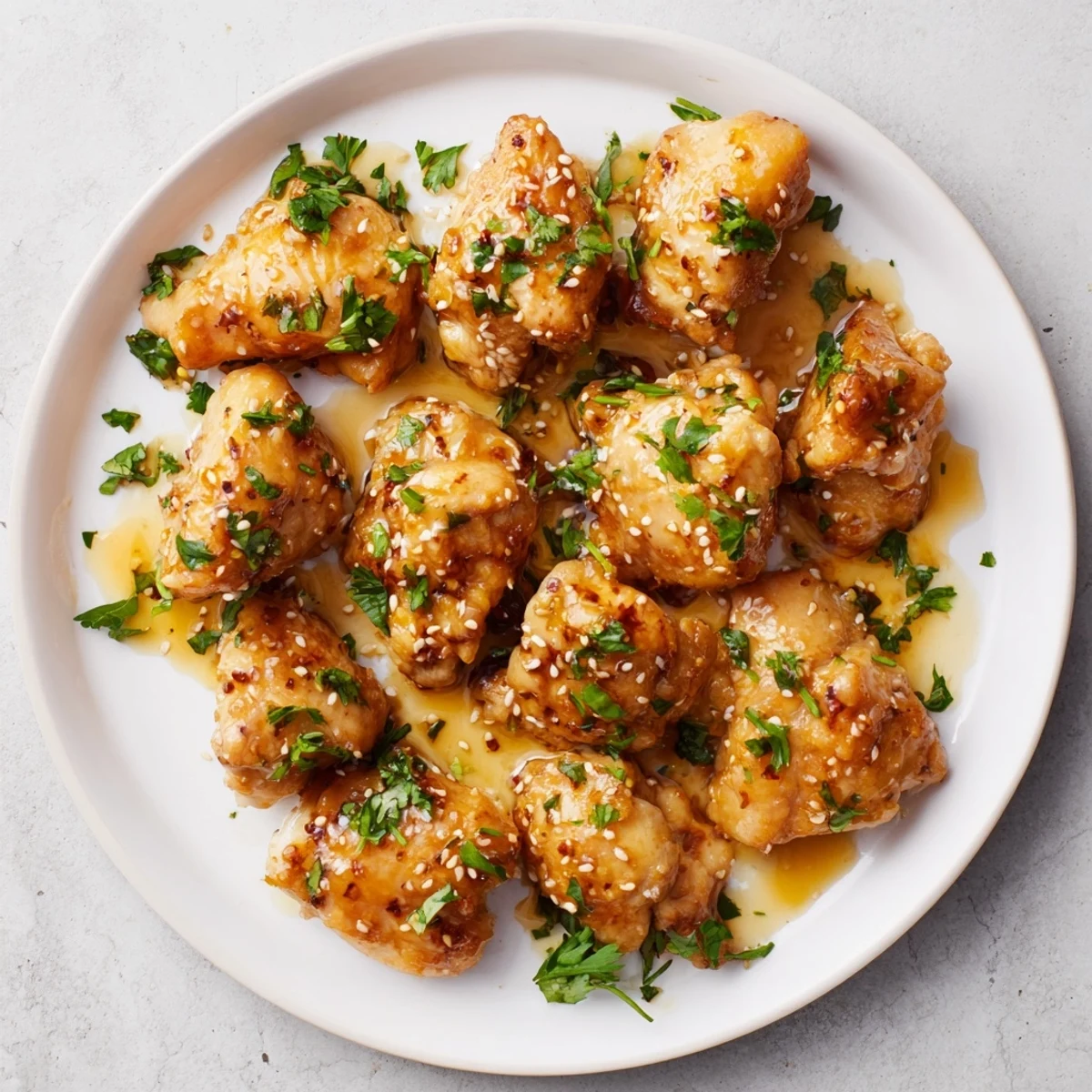 Close-up of succulent Honey Butter Chicken with a glossy glaze, paired with steamed rice and a sprinkle of sesame seeds.