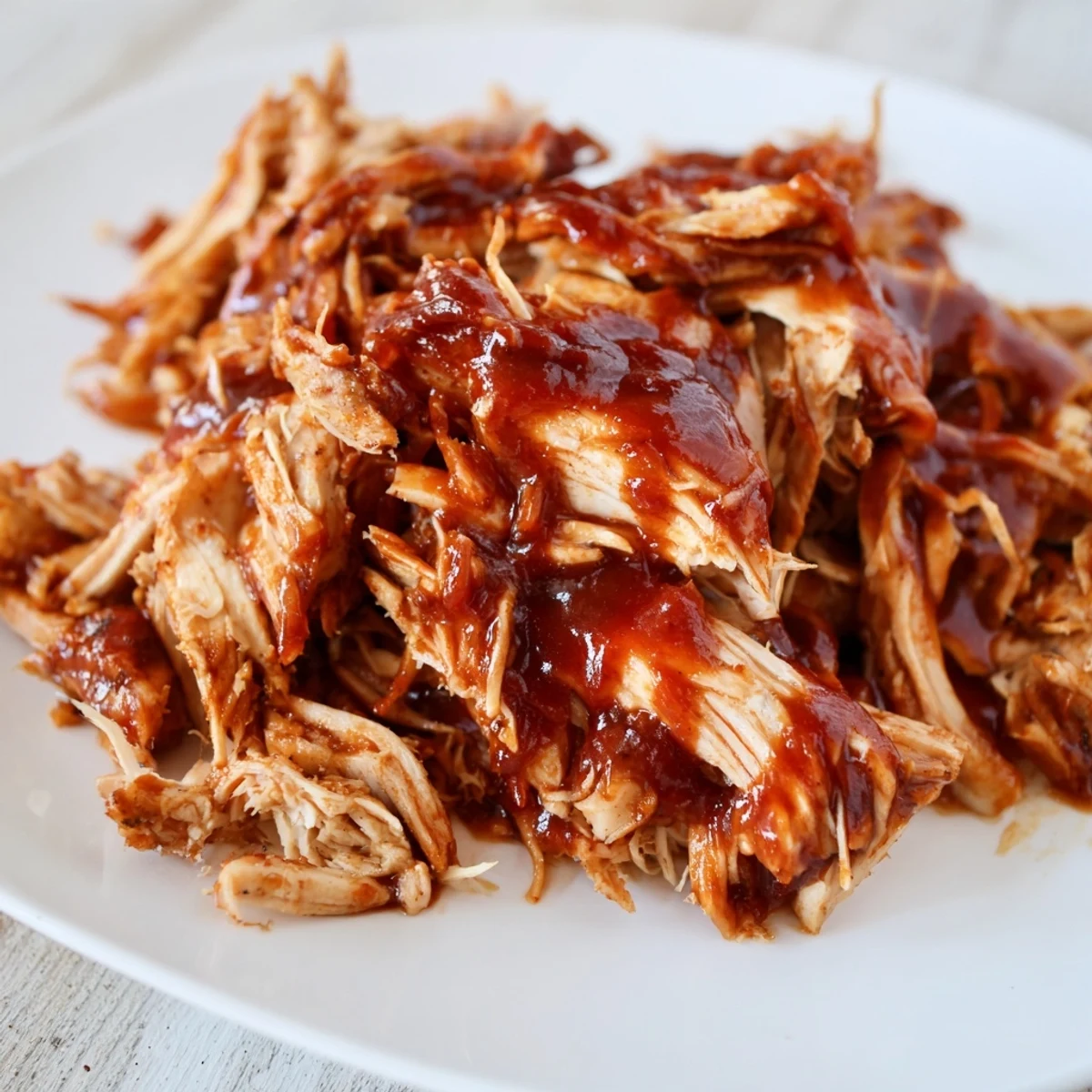 A close-up of juicy Sweet Baby Rays crockpot chicken, rich in barbecue glaze and garnished with vibrant green chives on a plate.