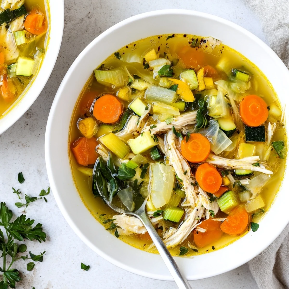 Steaming bowl of The Best Healing Chicken Soup with tender shredded chicken, carrots, and fresh parsley.