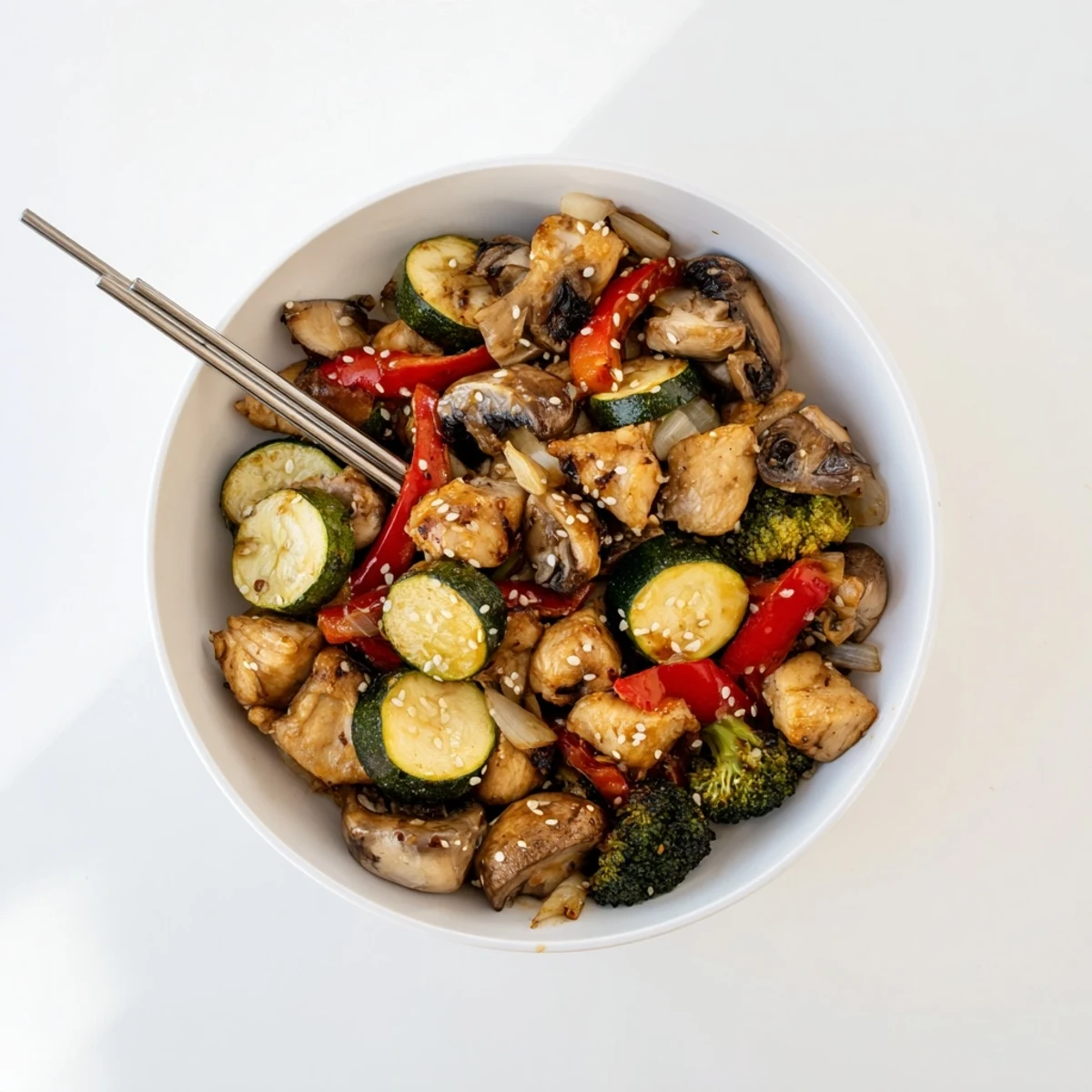 Vibrant image of Perfect Easy Air Fryer Hibachi Chicken & Vegetables served on a plate with fluffy rice and garnished with fresh green onions.