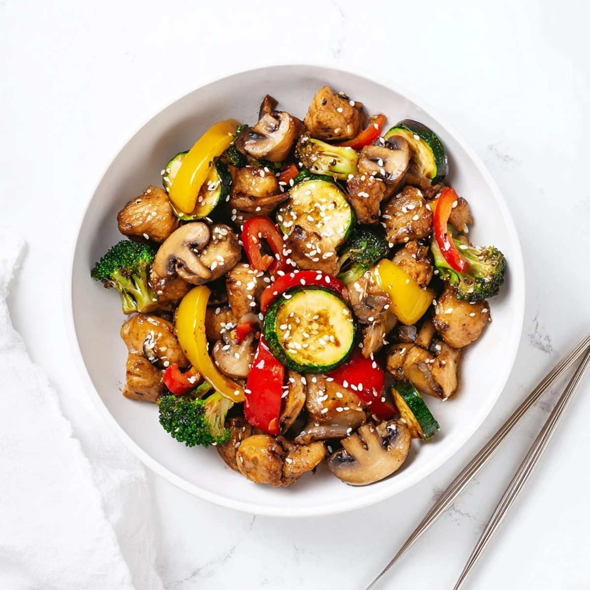 A close-up view shows colorful bell peppers and zucchini in the Perfect Easy Air Fryer Hibachi Chicken & Vegetables, steaming hot and ready to serve.