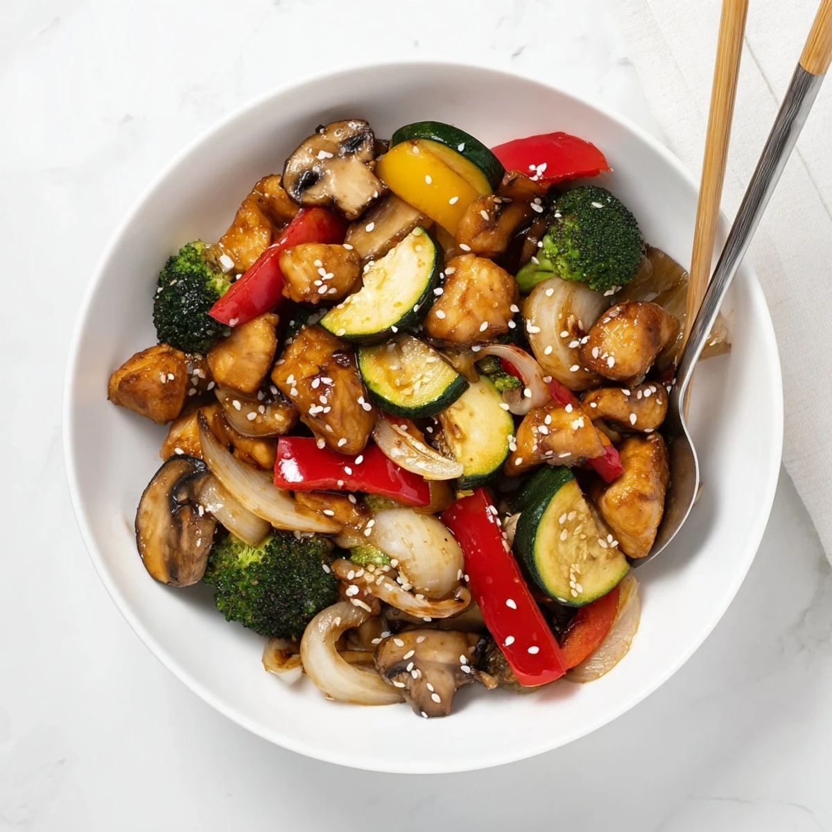 Golden air-fried chicken cubes and crisp broccoli florets highlight the Perfect Easy Air Fryer Hibachi Chicken & Vegetables in a savory sauce.