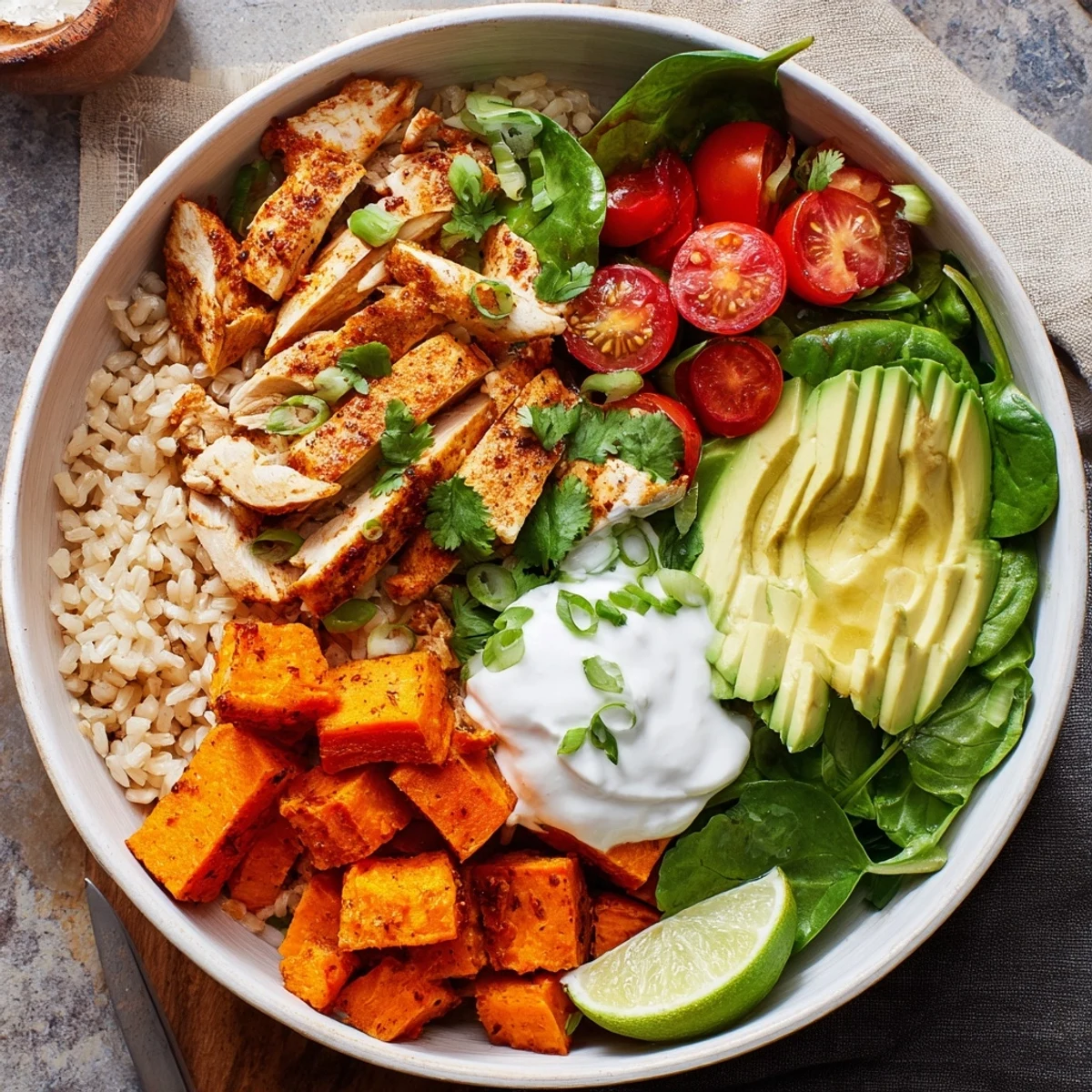 Close-up of the Wholesome Chicken Sweet Potato Rice Bowl with sliced chicken, roasted sweet potatoes, and fluffy rice topped with avocado.