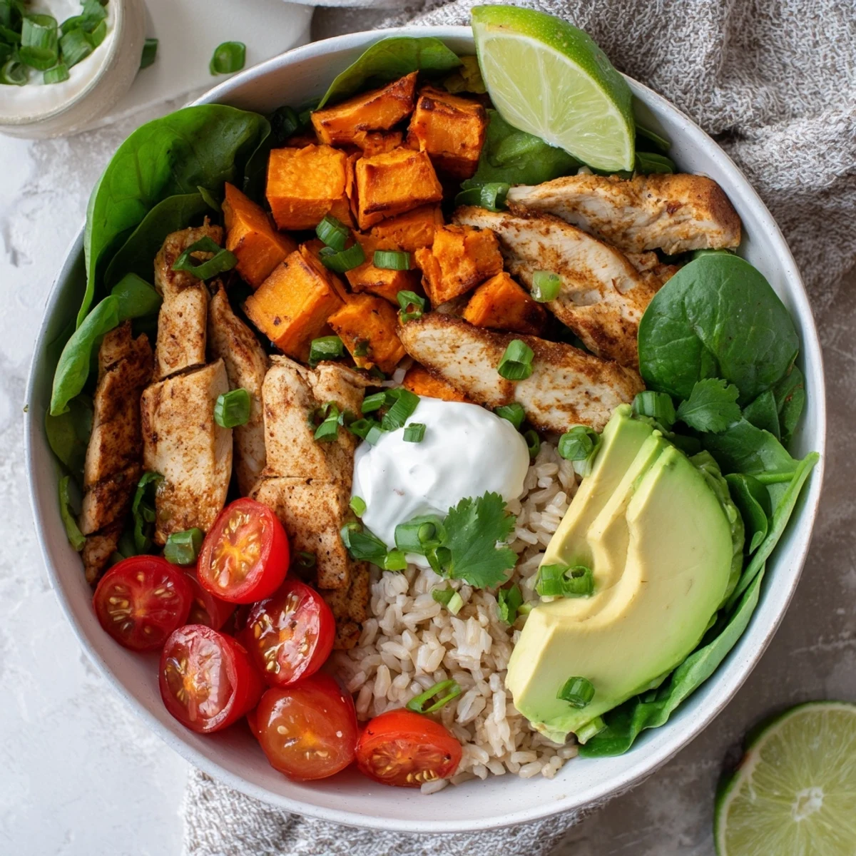 A generous serving of the Wholesome Chicken Sweet Potato Rice Bowl features vibrant cherry tomatoes, spinach, and a dollop of Greek yogurt.