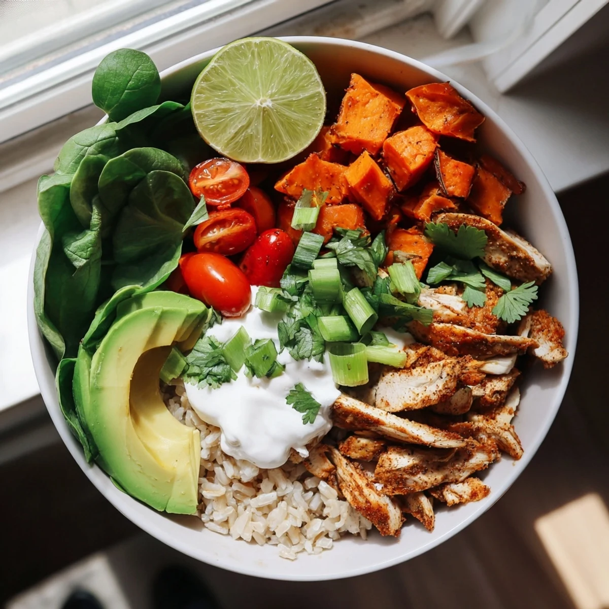 The Wholesome Chicken Sweet Potato Rice Bowl garnished with fresh cilantro and green onions, ready to squeeze with lime wedges.