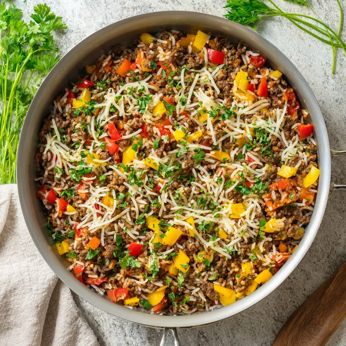Steamy skillet of Unstuffed Pepper Skillet topped with melted mozzarella and fresh parsley.