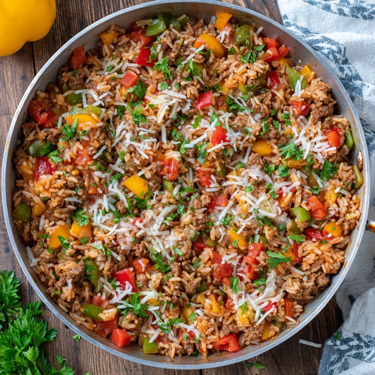 Unstuffed Pepper Skillet simmering in a pan with diced bell peppers and ground beef.