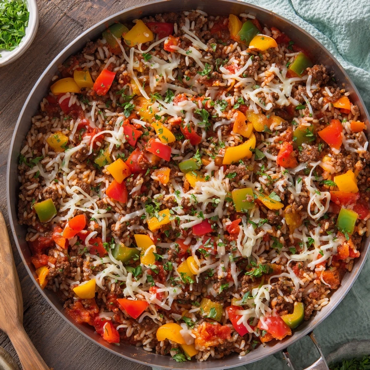 Close-up of hearty Unstuffed Pepper Skillet with savory beef, tomatoes, rice, and melted cheese.