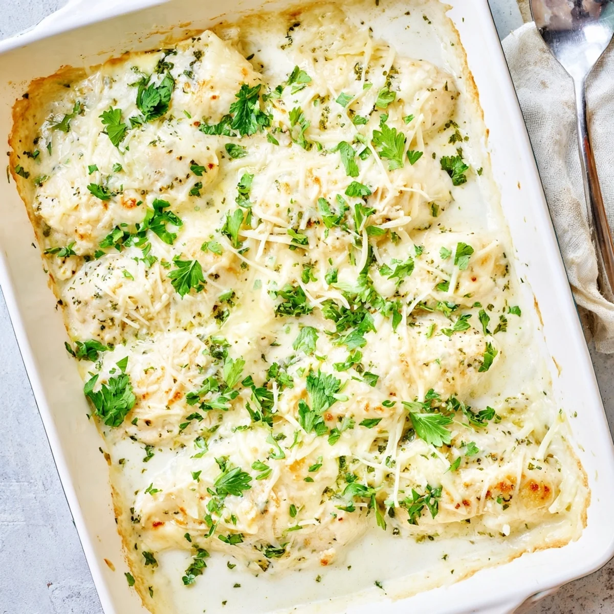 Creamy Parmesan Baked Caesar Chicken bubbling with golden cheese and rich sauce on a white plate.