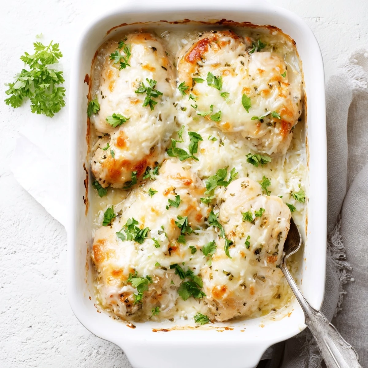 Golden baked chicken breasts covered in creamy Caesar and Parmesan sauce for dinner.
