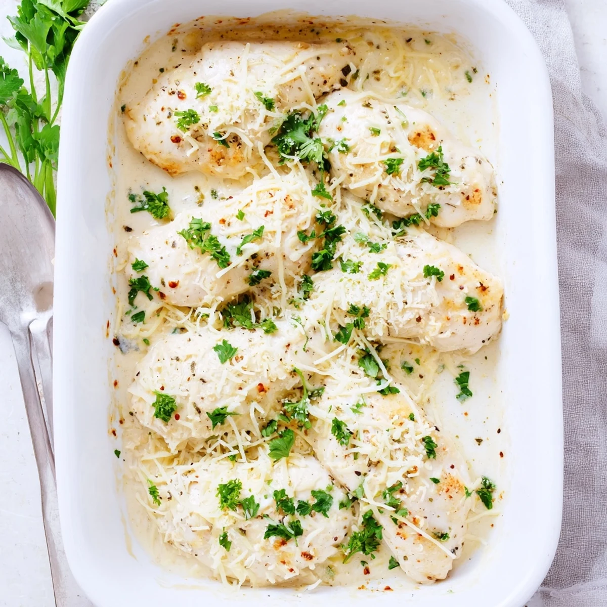 Tender Creamy Parmesan Baked Caesar Chicken served with salad and crusty bread for family.