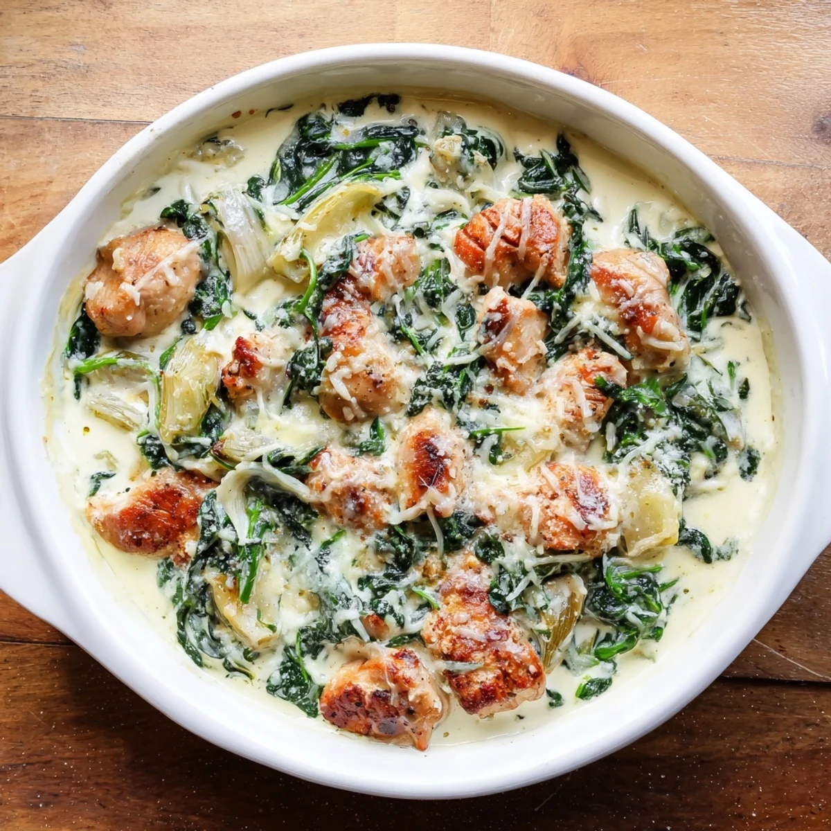 Savory spinach and tangy artichokes combine in a rich cottage cheese sauce over tender chicken for a protein-packed meal.