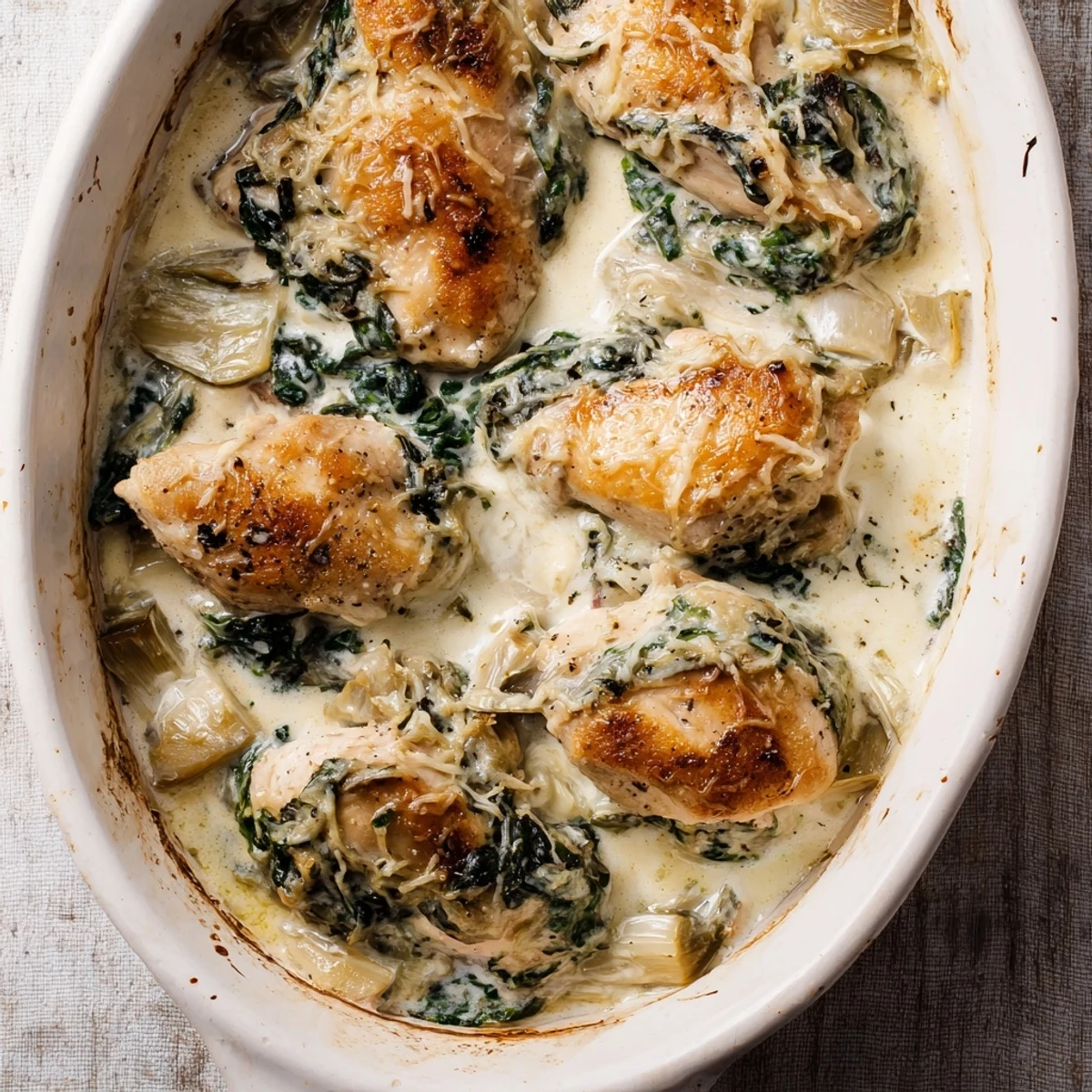Spinach Artichoke Chicken with Cottage Cheese baked in an oven-safe skillet, garnished with fresh herbs for a weeknight dinner.