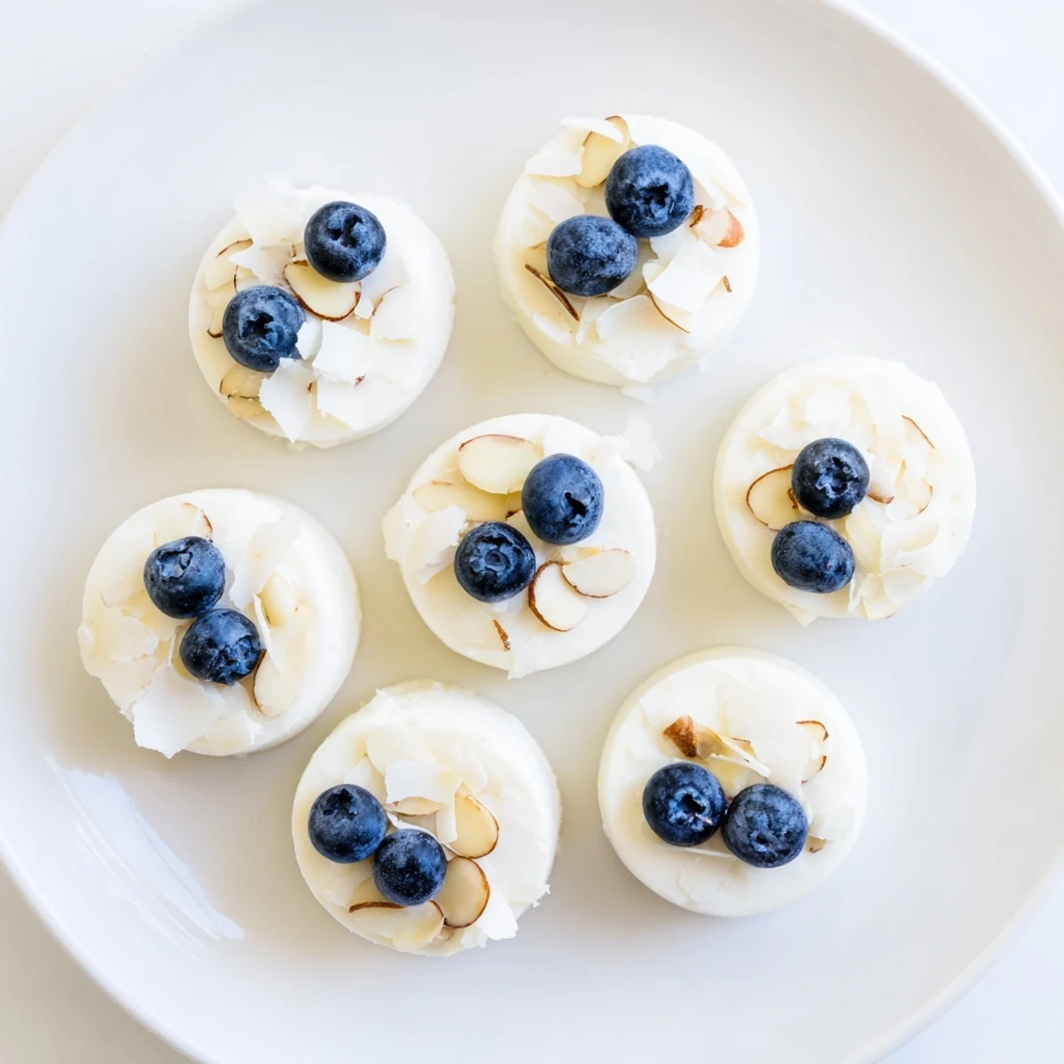 Fresh blueberry Greek yogurt bites arranged on a parchment-lined baking sheet, topped with whole blueberries